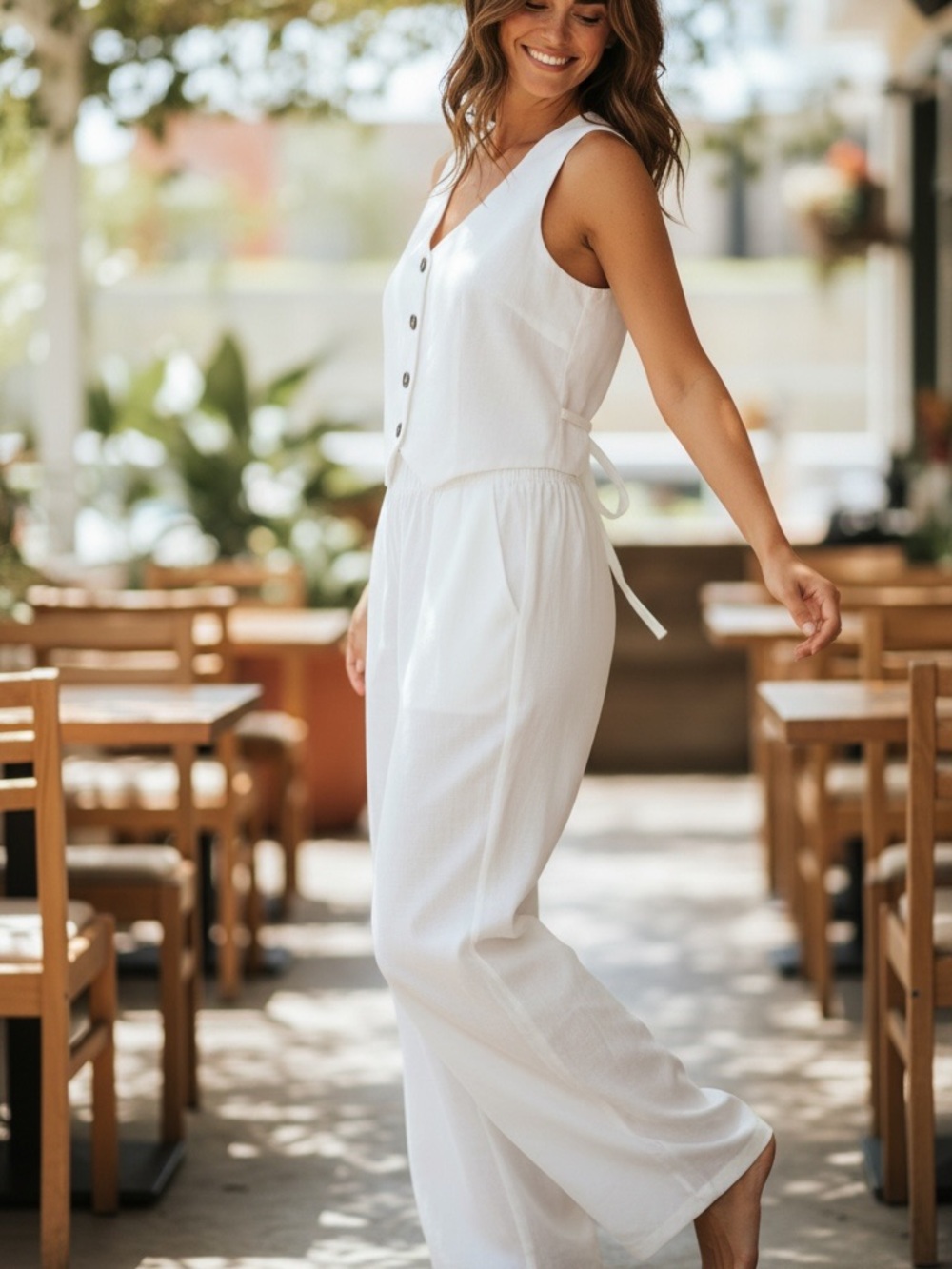 Women’s White Two Piece Set Vest Top & Wide Leg Pants Size M Resort Vacation Out - Picture 2 of 7